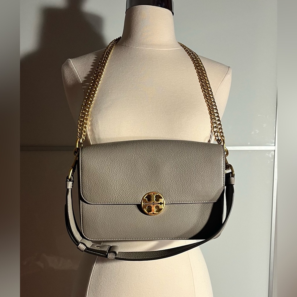 Tory Burch Chelsea convertible, crossbody gray Heron pebble leather